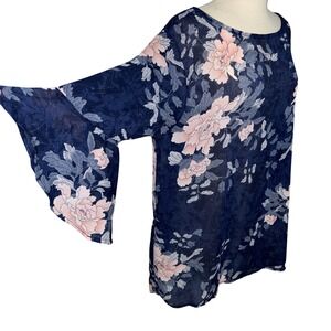 NorthStyle Boho Chiffon Floral Bell Sleeve Blouse Navy Pink Women's L Simi-Sheer